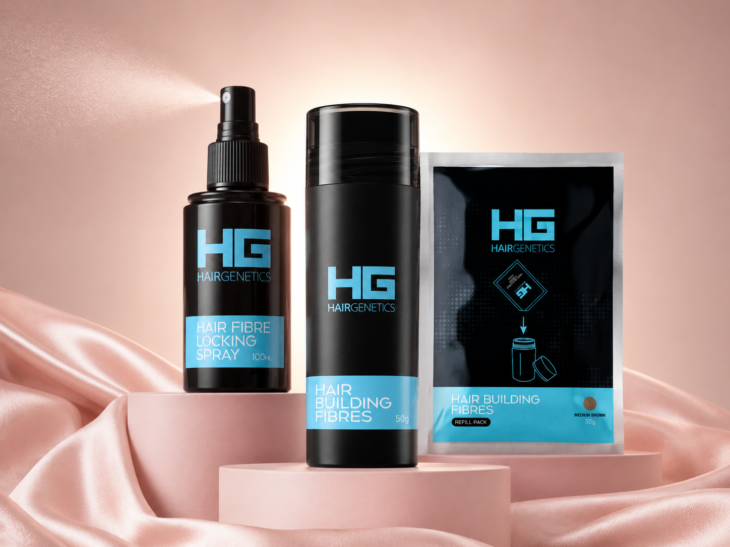 Hair Genetics bundle: locking spray, fibres bottle, and refill pack
