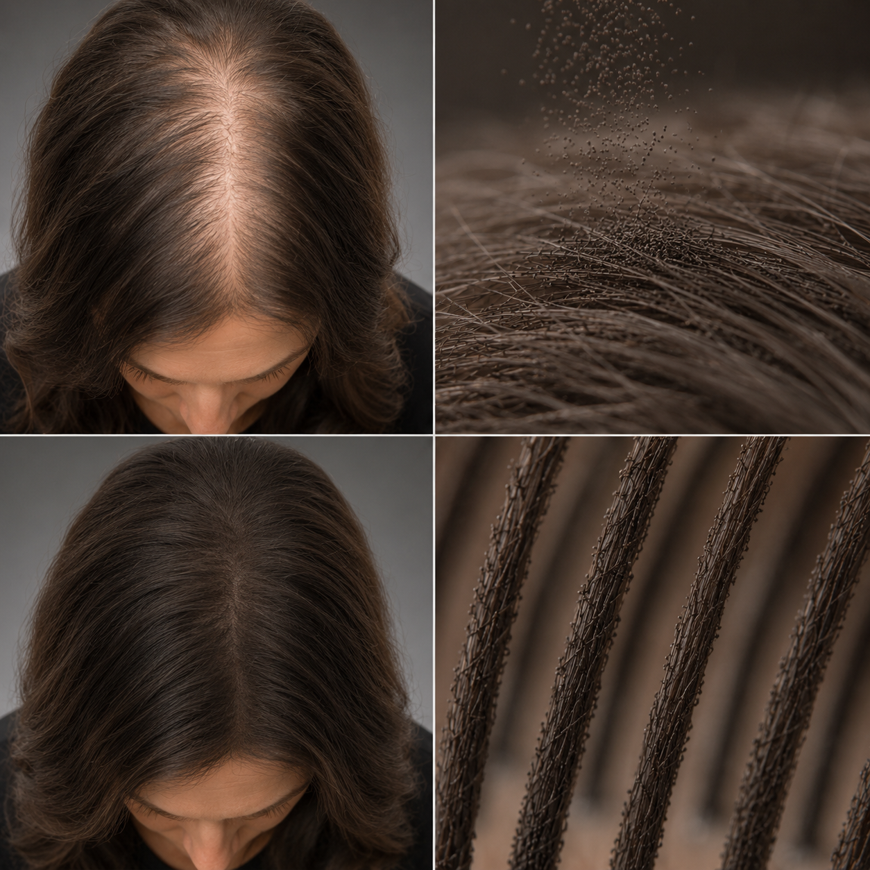 Before and after applying hair fibres, plus macro view of fibres clinging to strands