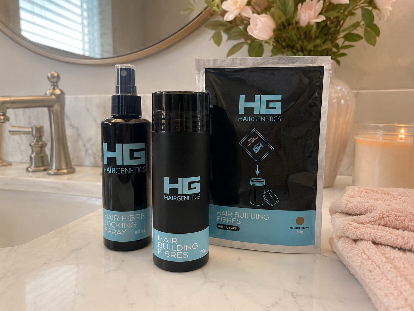 Hair Genetics locking spray, fibres bottle and refill pack