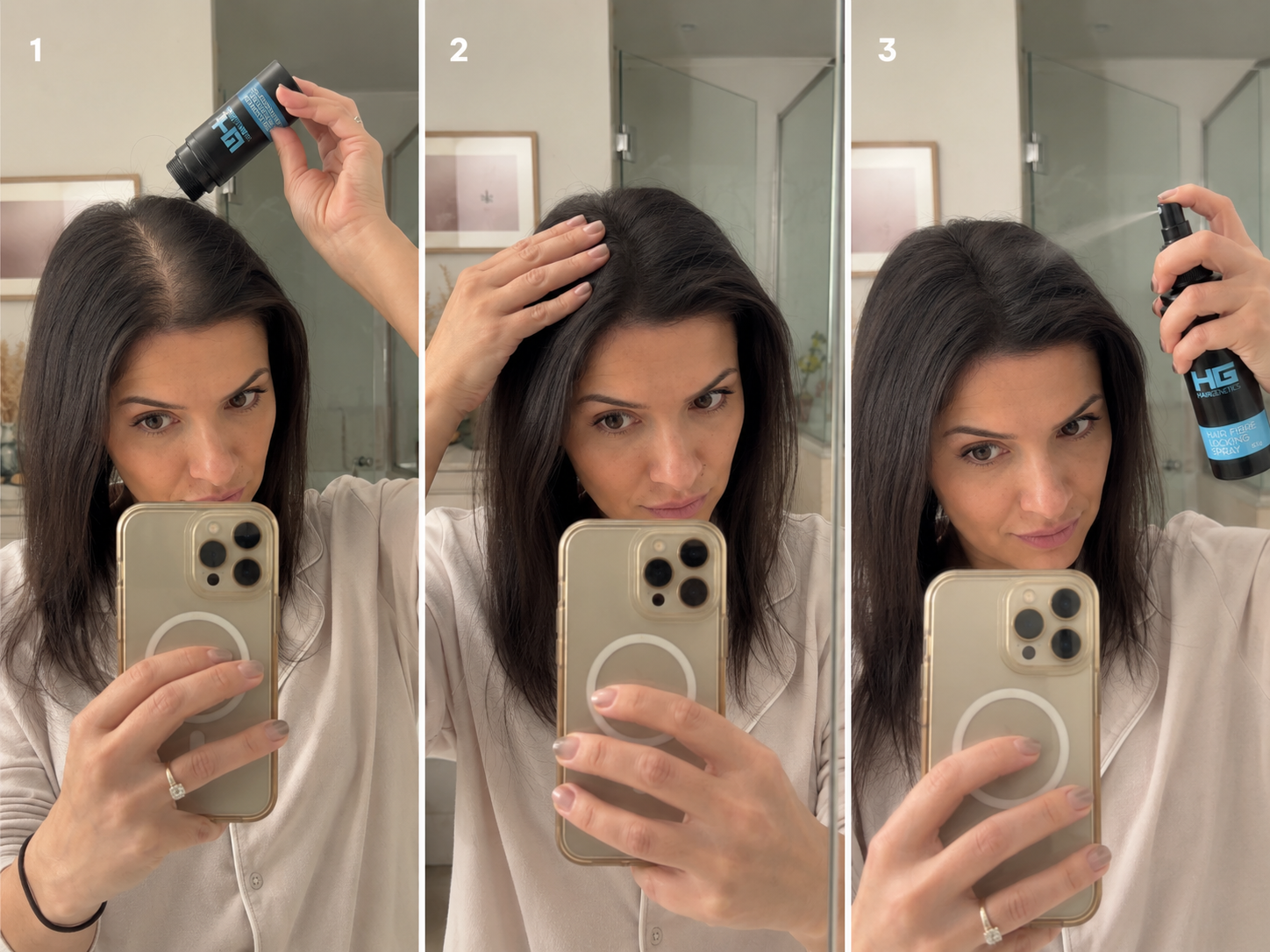 Three-step demonstration: shake fibres onto parting, pat and blend, finish with locking spray